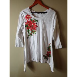 Collections Etc Vintage Christmas Poinsettia White T-Shirt 90s Holiday Medium